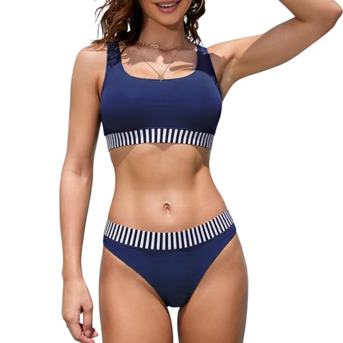 iSLASISIA Damen Sport Badeanzüge Zweiteiliger Crop Top Gerippter Bikini mit frechem Unterteil（Dunkel Blau,EU42）