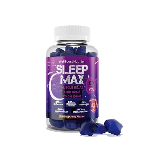 Sleep Max Gummies, 5HTP 100mg, CO-Q10 100mg, L-Taurine 250mg, Magnesium 125mg, Chamomile Extract 100mg, MontCherry Extract 100mg and Vitamin B6 3mg with Sooting Cherry Flavour Gummies