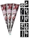 eLander 3x Temporäre Tattoo Natürliche + 10x Henna Schablone, Mehndi Tattoos, Kegel, Tätowierung (Braun)