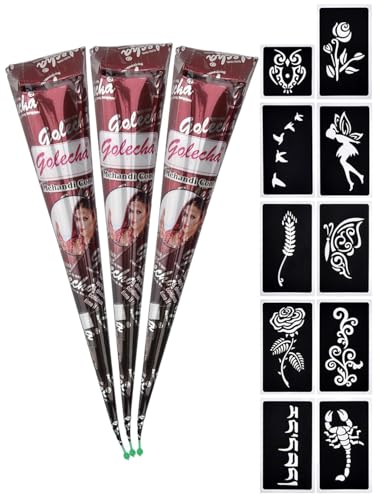 eLander 3x Temporäre Tattoo Natürliche + 10x Henna Schablone Mehndi Tattoos Kegel Tätowierung (Braun)