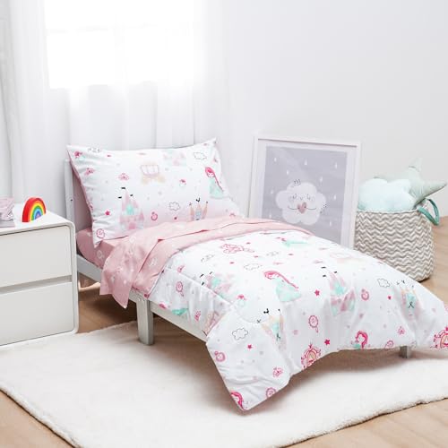 Image of david's kids 4 Piece Toddler Bedding Set - Soft Breathable Toddler Bedding Set for Girls, Includes Quilted Comforter, Flat Sheet, Fitted Sheet and Pillowcase, Princess