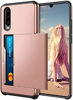 Coolden for Huawei P30 Case Armor Shockproof Case for Huawei P30 Wallet Case Cover Protective Case Heavy Duty Rubber Bumper Card Holder Slot Wallet Case Cover for Huawei P30 Phone Case (Rose Gold)