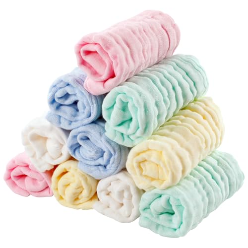 EXTSUD Lot de 10 Débarbouillettes de Bain pour Bébé Lingettes bébé en Mousseline de Coton 25 * 25cm Serviettes de Toilette Extra Douces, Absorbant,...