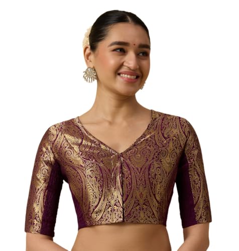 Image of Studio Shringaar Women's Brocade Side Stretch (Smocked) Readymade Saree Blouse