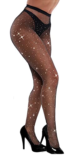 Image of VEBZIN Sparkly Fishnets Stockings High Waist Fishnet Tights for Women | Rhinestone Design, Sparkly Glitter Effect, Reinforced Toe, High Stretch, Everyday Wear, Rave Party Concert Festival Outfits
