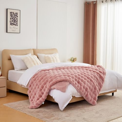BENVWE Faux Fur Throw Blanket for Couch - Fluffy Soft Thick Bubble Blanket for Living Room Home Decor - Mothers Day Birthday Gifts for Women, Dusty Pink, 51" x 63"