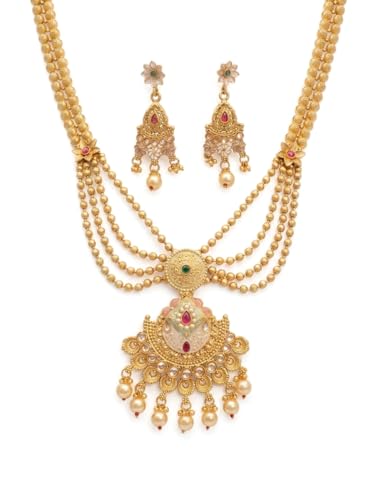 Image of Gold-Toned Traditional Multilayer Beaded Necklace Set with Kundan Pendant and Jhumka Earrings