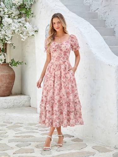 Image of Scarlet Darkness Women Floral Maxi Dress Puff Sleeve Tea Party Corset Dress | Pockets, Ruched Bust, Ruffled Hem, for Cottagecore Fairy Milkmaid Vacation