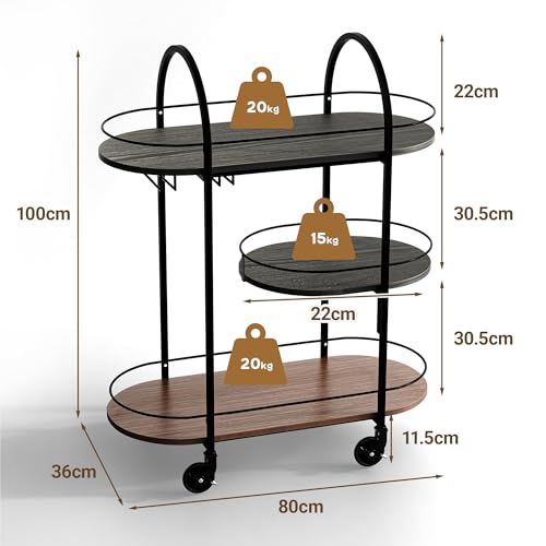DAWNYIELD Carrito de Bar Móvil Ovalado 3 Niveles, Carrito de Bebidas con Ruedas Bloqueables y Portavasos, Carrito de Servicio con Ruedas para Cocina Salón Fiestas Home Bar, Negro - imagen 2