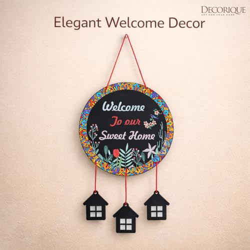 Image of DECORIQUE Welcome Wall Hanging for Home Decor Handmade Pastel Multi Feather Craft for Bedroom Living Room Balcony, Garden, Cafe and Office Decoration Decorative Wall Art for Gifts