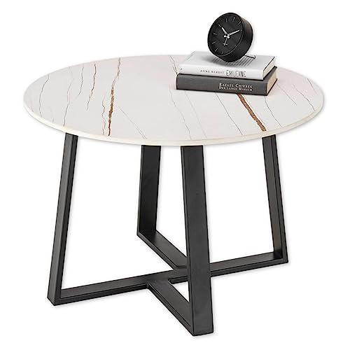 Stella Trading Jason Centro Redonda, Color Blanco, Moderna Mesa de salón con Placa de cerámica y Estructura de Metal, 70 x 45 x 70 cm