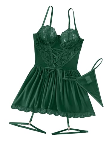 Image of Lilosy Sexy Garter Belt Mesh Lace Babydoll Lingerie Dress Set with Thong