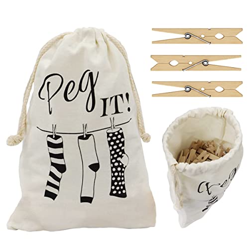 Peg Bag with 100 Pcs Wooden Pegs for Washing Line – Laundry Pegs for Small Laundry Items - Wooden Clothes Pegs for Craft, DIY Projects & Photos