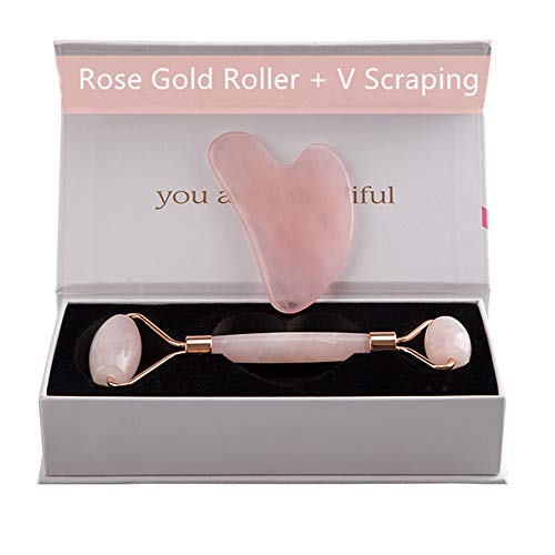 Rose Quartz Jade Roller for Face, 100% Real Jade Facial Roller Jade Roller Massager with Double Ends and Gua Sha Set Scraping Massager Anti-Aging Therapy & Skincare Tool