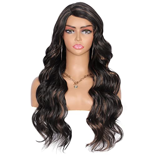 Kalyss 28 Inches Black Brown Highlights Yaki Synthetic Hair Wigs For Women Long Body Wavy Curly Wigs L Parting Natural Looking Heat Resistant Replacement Wigs #TOP30