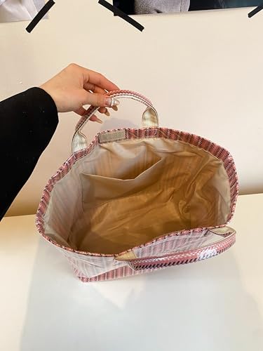 Image of Lushandy Striped PVC Tote Bag for Women, Waterproof Plastic Tote Bag for Beach Pool Large Top Handle Travel Hobo Handbag