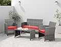 Shintenchi 4 Piece Patio Ratten Set Outdoor Furniture Set Wicker Conversation Set with Cushions and Tempered Glass Tabletop,Red