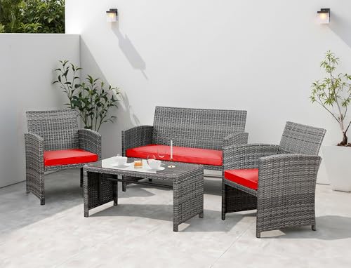 Shintenchi 4 Piece Patio Ratten Set Outdoor Furniture Set Wicker Conversation Set with Cushions and Tempered Glass Tabletop