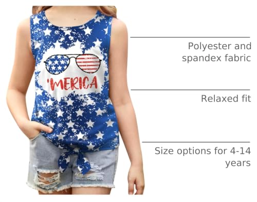 Image of July 4th Girls Patriotic Sleeveless Tie Knot Front Tank Top Stars Stripes Tee Shirt 4-14 Years