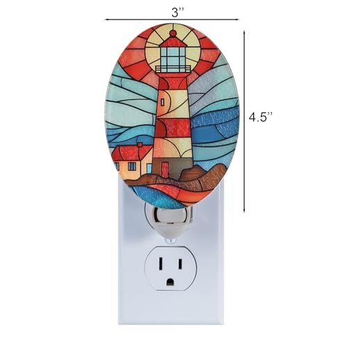 Image of Lighthouse Stained Glass Styled Night Light Plug in - Made with Real Glass, Bulb Included, On /Off Switch - Nautical Beach Theme Bathroom, or Beach House Accent Light Dusk Blue Red