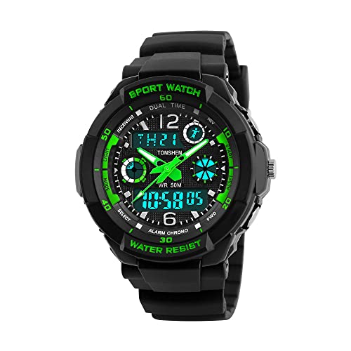 TONSHEN LED Digital Montre Bracelet Femme Enfants Analogique Quartz 50M Etanche l'eau Outdoor Sport Tactique Militaire Double Temps Vert Plastique Bordure et Caoutchouc Bande Electronique Montres