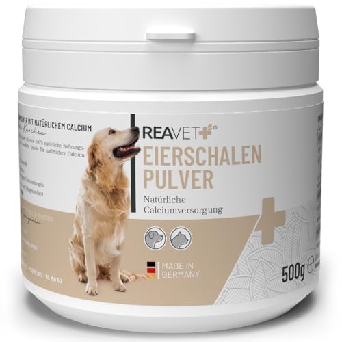 ReaVET Polvo de cáscara de huevo para perros y gatos, 500 g, fuente natural de calcio para huesos y dientes sanos, polvo de cáscara de huevo para perros y gatos, aditivo Barf