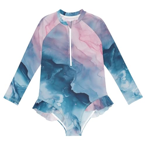 ALAZA Toddler Swimsuit Girl Bathing Suit Swimwear Rash Guard Pink Blue Marble Long Sleeve 3T