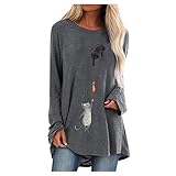 Pinkpaopao Women's Loose Long Sleeve T Shirt Cat and Fish Printed Casual Tops Blouse Plus Size