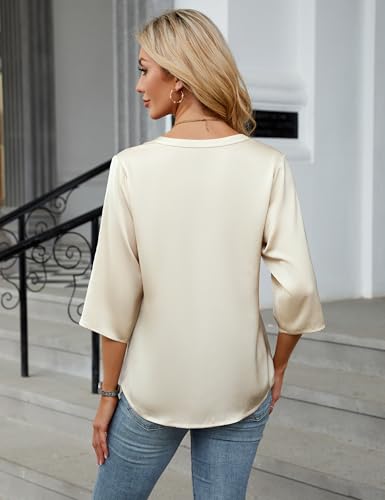 Blooming Jelly Womens Button Down Shirts 3/4 Sleeve Dressy Casual Tops Pleated Satin Silk Business Blouses 20253