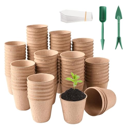 JOAASU 100 Pots de Semis Biodégradables de 8 cm de Diamètre, en Fibre, avec 100 étiquettes en Plastique et Outils de repiquage, Idéaux pour la Culture de...