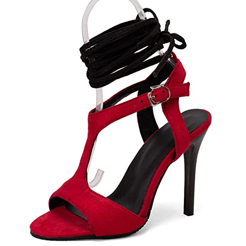 Sandales spartiates Lizoleor rouge 36 avec talons aiguilles et lacets ajustables