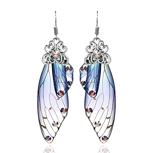 BELLA-Bee Butterfly Wing Drop Dangle Earrings Gold Plated Crystal Rhinestone for women wedding Jewelry (Blue-Silver B)…