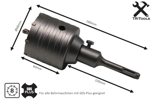 TR-TOOLS 68mm Bohrkrone SDS Plus- verstärkte Bauart - Hammerschlagfest - 4 Schneiden Zentrierbohrer - Dosenbohrer - Bohrkrone Steckdose für Mauerwerk und Beton