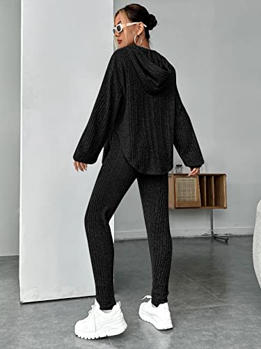 WDIRARA Women's 2 Piece Ribbed Outfit Asymmetrical Split Hem Long Sleeve Hoodie and Leggings Set2