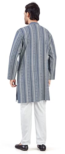 Image of Studio Shringaar Men's Navy Blue Cotton Turkish Printed Knee Length Relax Fit Kurta (Navy Blue, Small)