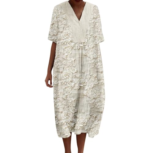 Vestido de verano con estampado floral vintage para mujer, con bolsillos, cuello en V, con bolsillos, beige, XXL