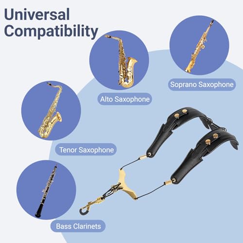 Saxophone Double Shoudler Strap, Adjustable Shape Length Durable Leather Neck Straps w/ Y-shaped Metal Adjustment Buckle for Alto, Tenor, Soprano Saxophones Bass Clarinets Bassoon Accessories - Thumbnail 2