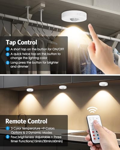 Image of AMIR Puck Lights with Remote Control, Rechargeable Under Cabinet Lights, 13 Color RGB, LED Closet Light with Dimmer & Timer for Kitchen, Counter, Closet, Stairs, 3 Pack