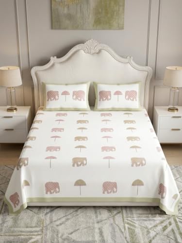 Image of DE CAMA Since 1997 | 100% Cotton 300 TC Premium King Size Bedsheet for Double Bed (108 x 108 Inch) with 2 Pillow Covers Set (17 x 27 Inch) | Traditional Jaipuri Printed Set - White & Pistachio