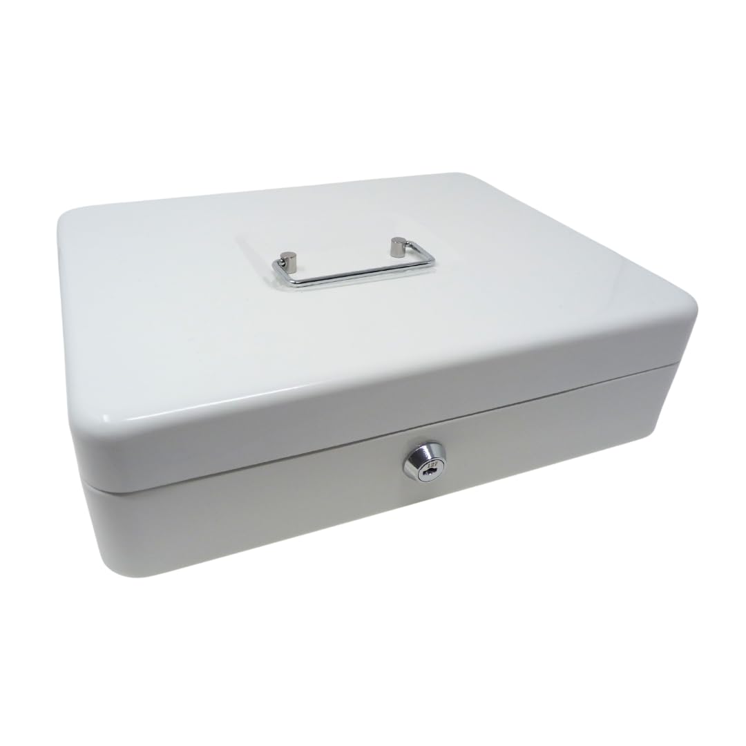 Geldkassette aus Metall Weiß 300x240x90 mm – robuste Geldbox mit Schloss & Schlüssel, Einsatzfächer für Münzen & Scheine – sichere Aufbewahrung für Bargeld, Kassenorganisation & Wertsachen