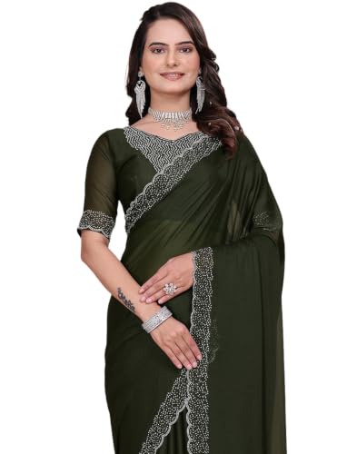 Image of SIRIL Women's Georgette Hot Fixing Stone Work Saree with Unstitched Blouse Piece