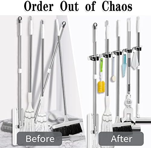 5 Racks and 4 Hooks Mop and Broom Holder Wall Mount, Broom Organizer Storage Tool Racks Stainless Steel Heavy Duty Hooks Self Adhesive Solid Non-slip for Home Kitchen Garden Laundry Garage - 5