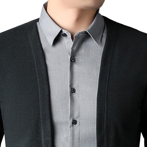Men's Fake 2 Pieces Business Knitted Sweater Button Down Lightweight Slim Fit Sweater Cardigan Lapel Solid Sweaters2
