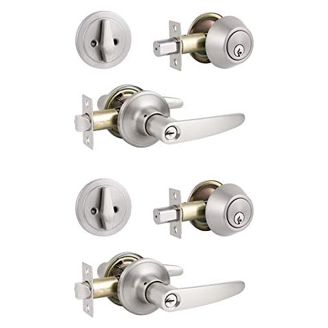 2 Pack DECORITEN Door Handle and Deadbolt Single Cylinder, Keyed Alike Door Locks with Deadbolt, Satin Nickel Entry Door Lever Set Cover