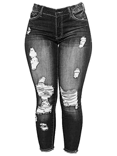 Andongnywell Women s Stretchy Ripped Hole Skinny Jeans Butt Lifting Distressed Denim Pants with Pockets Trousers Black
