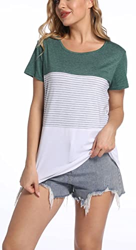 Womens Summer Color Block Striped T-Shirt Short Sleeve Loose Tunic Blouse And Tops Green #TOP1