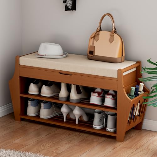oakvivo 34.3in Shoe Bench, Bamboo 3-Tier Entryway Bench with Storage, Shoe Rack Organizer Holds Up to 330 lb, 34.3 x 11.8 x 18.9 Inches for Entryway Bedroom Closet Living Room Hallway