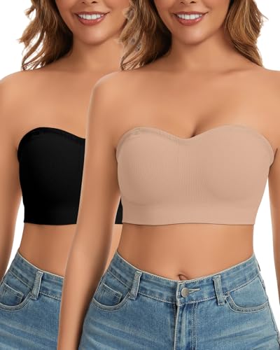Image of WOWENY Strapless Bras for Women Bandeau Bra Wireless Non-Slip Silicone Seamless Padded Tube Top Bra