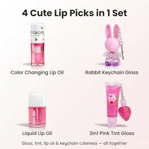 Image of Korean Lip Gloss Set of 4 in Tinted Pink | Rabbit Keychain, 2in1 Tube, Liquid Oil and Swiss Tint Combo, Cute Daily Wear for Girls & Women