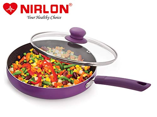 Image of Nirlon Regal Purple Aluminium Non-Stick Induction Base Fry Pan with Glass Lid, 24cm - 1.9 Liter (Color - Purple)